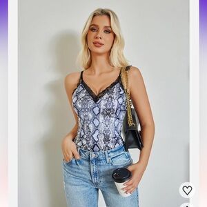 Avid Love Black White and Blue Snake Print Lace Trim Bodysuit